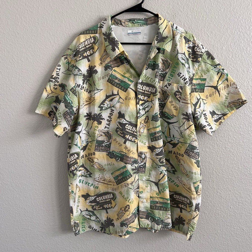 Columbia Mens XL Fishing Shirt PFG Vented Hawaiian Fish Print Camp Button Up
